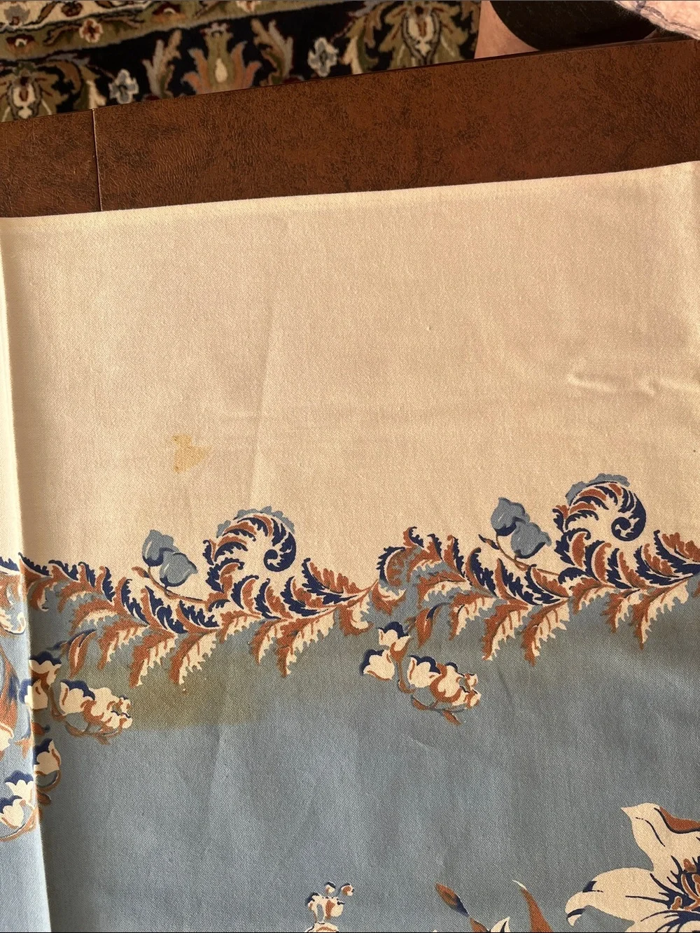 Vintage Blue and Cream Floral Border Tablecloth, approx 59”x79”